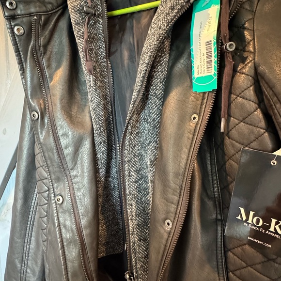 Mo-Ka Women's Black Leather Jacket with Gray Hood - Picture 4 of 7